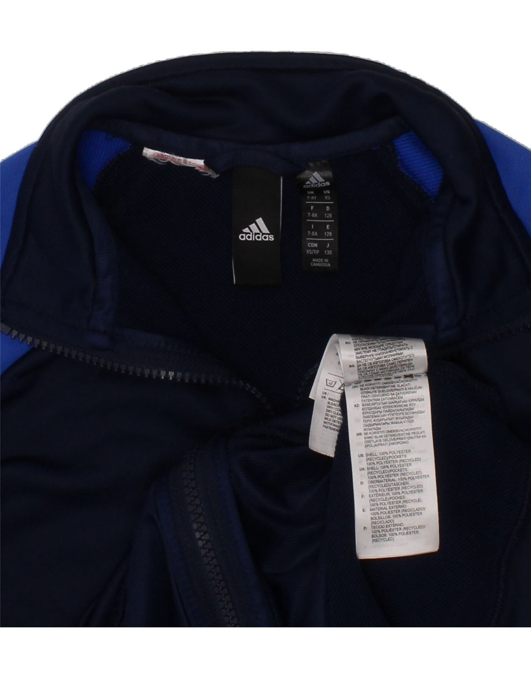 ADIDAS Boys Graphic Tracksuit Top Jacket 7-8 Years Navy Blue Colourblock Vintage Adidas and Second-Hand Adidas from Messina Hembry 