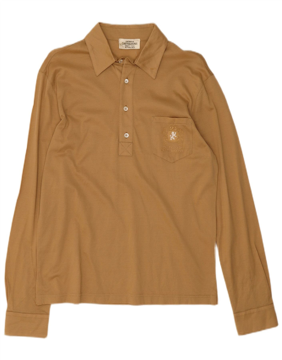 Vintage Mens Long Sleeve Polo Shirt Medium Beige