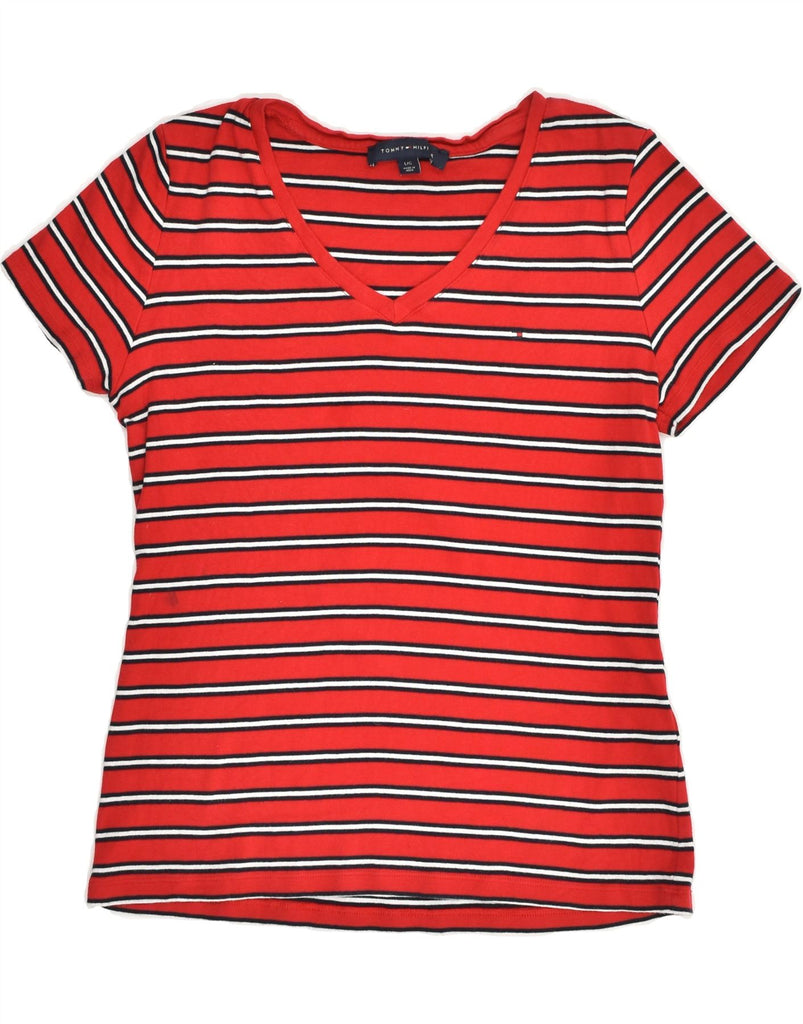 TOMMY HILFIGER Womens T-Shirt Top UK 14 Large Red Striped Cotton | Vintage Tommy Hilfiger | Thrift | Second-Hand Tommy Hilfiger | Used Clothing | Messina Hembry 