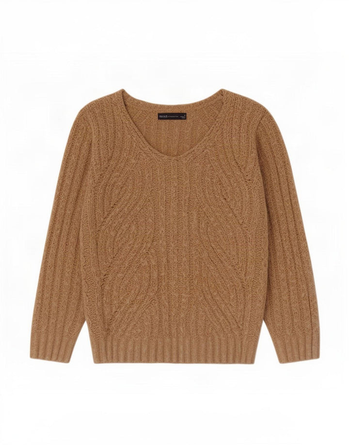 Marks & Spencer Womens V-Neck Jumper Sweater UK 14 Medium Beige Polyester
