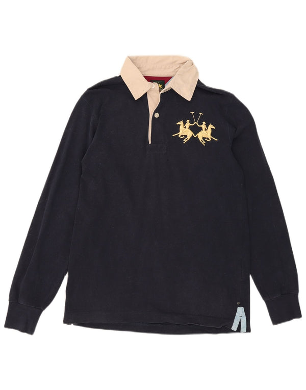 La Martina Mens Graphic Long Sleeve Rugby Polo Shirt Small Navy Blue Cotton