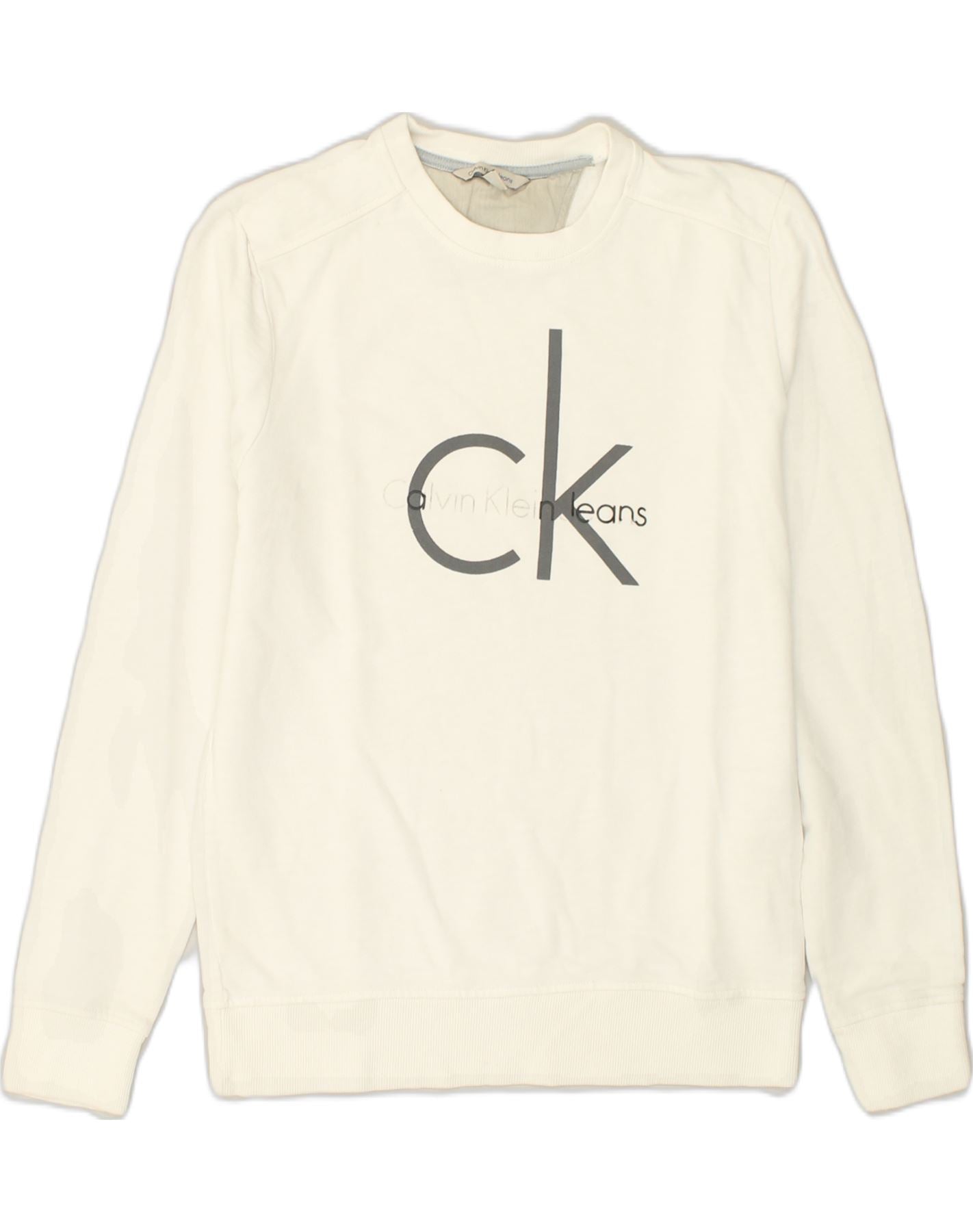 CALVIN KLEIN Mens Graphic Sweatshirt Jumper XS White Cotton