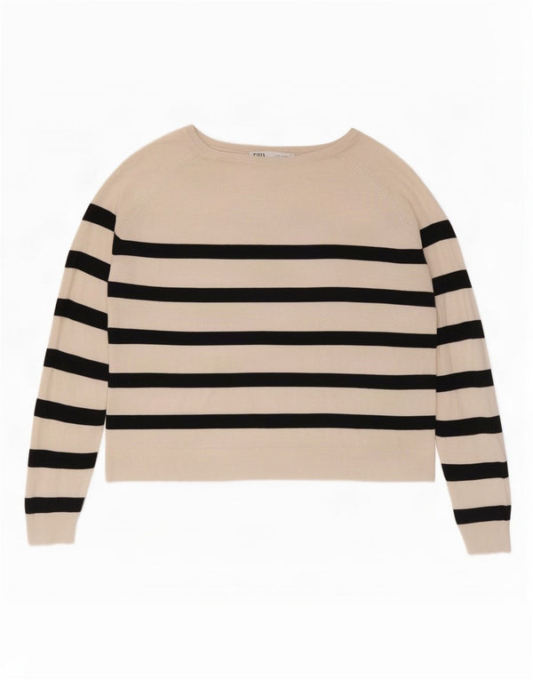Zara Womens Crop Boat Neck Jumper Sweater UK 14 Medium Off White Striped