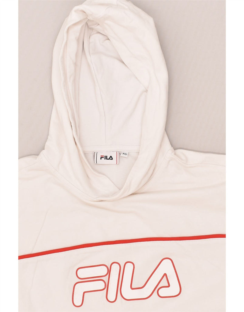 FILA Womens Crop Graphic Hoodie Jumper UK 6 XS White Cotton | Vintage Fila | Thrift | Second-Hand Fila | Used Clothing | Messina Hembry 