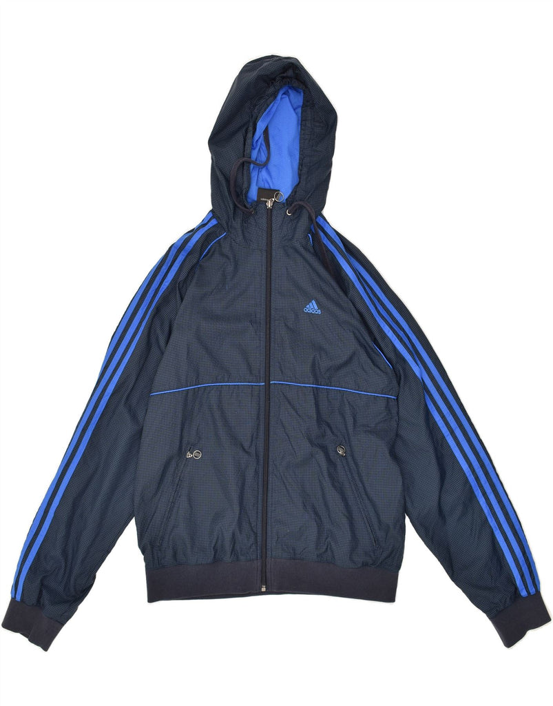 ADIDAS Mens Hooded Rain Jacket UK 36 Small Navy Blue Check Polyamide Vintage Adidas and Second-Hand Adidas from Messina Hembry 