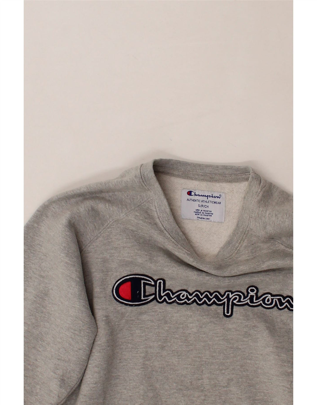 CHAMPION Mens Graphic Sweatshirt Jumper Small Grey Cotton Vintage Champion and Second-Hand Champion from Messina Hembry 