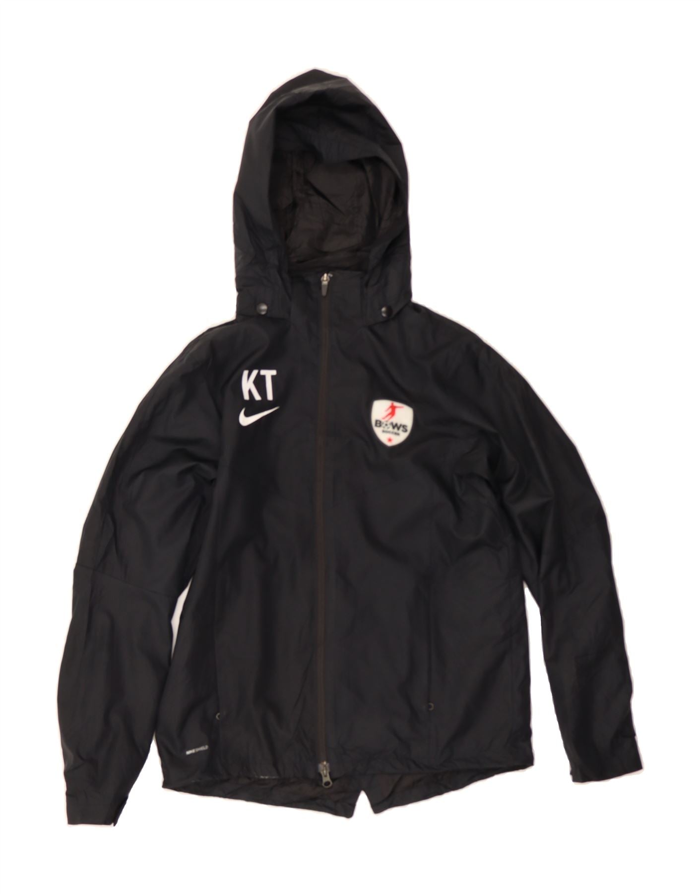NIKE Boys Bows Soccer Hooded Rain Jacket 13-14 Years XL Black