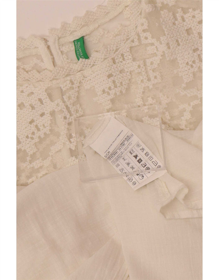 Benetton Womens Long Sleeve Blouse Top UK 10 Small White Cotton