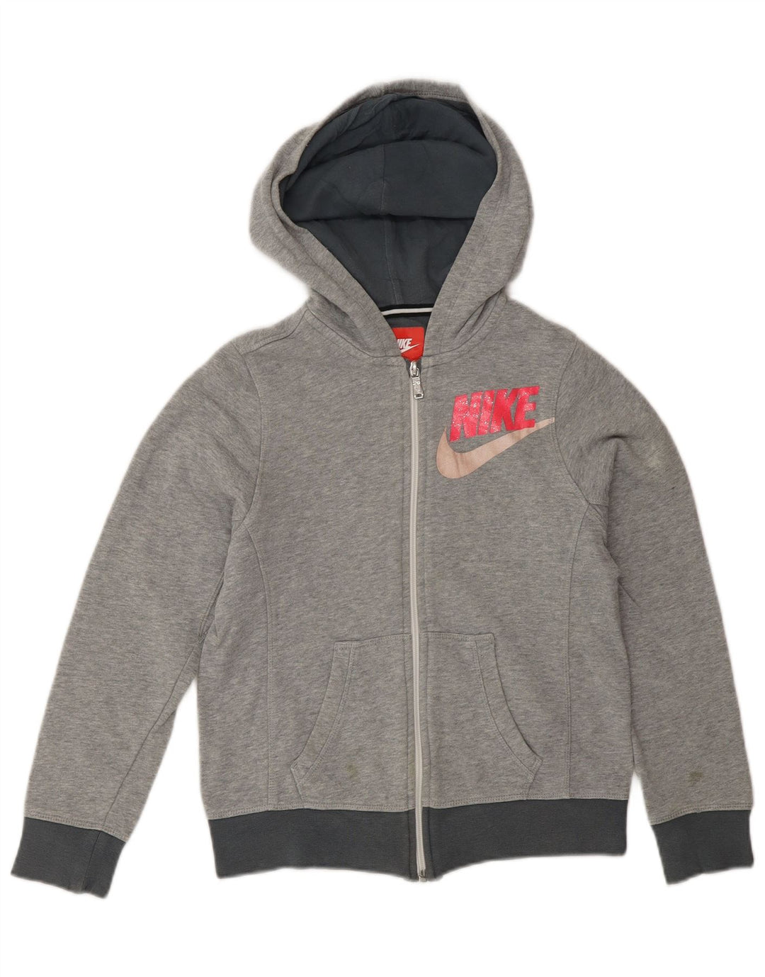 Nike Girls Zip Hoodie Sweater 10-11 Years Medium Grey Cotton