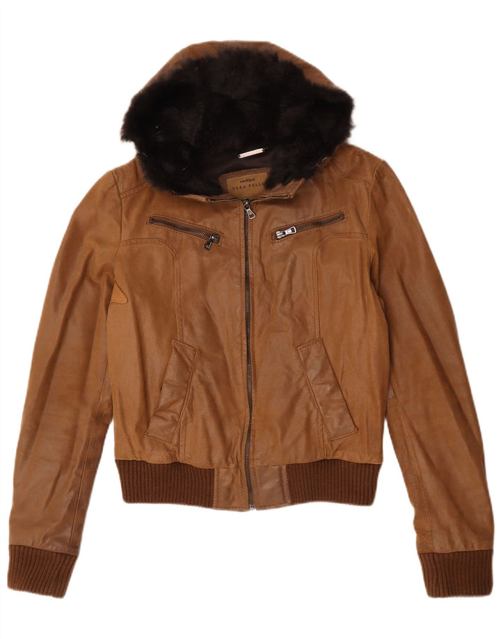 Conbipel Womens Hooded Leather Jacket IT 42 Medium Brown Leather
