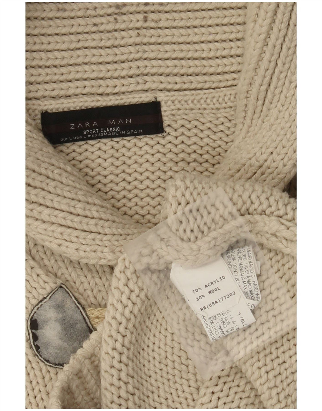 Zara Mens Shawl Neck Jumper Sweater Large Beige Acrylic