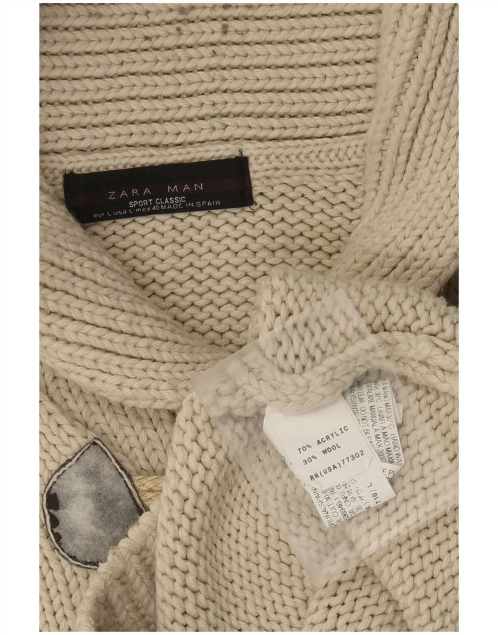 Zara Mens Shawl Neck Jumper Sweater Large Beige Acrylic