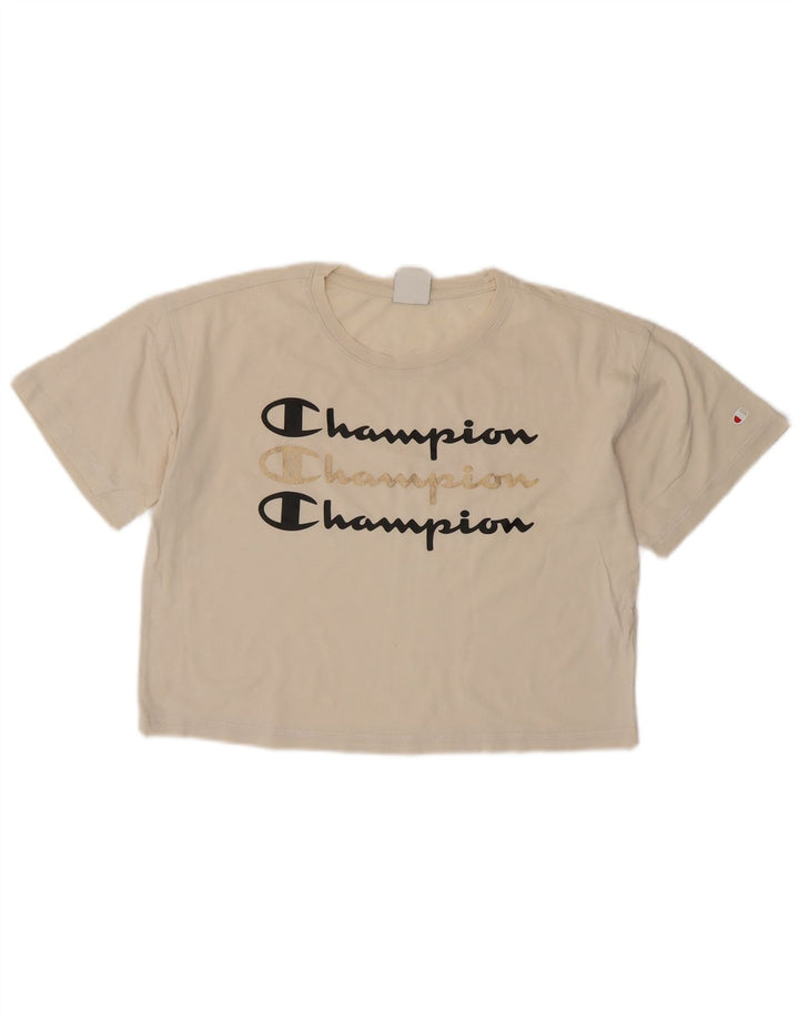 CHAMPION Womens Oversized Crop Graphic T-Shirt Top UK 10 Small Off White