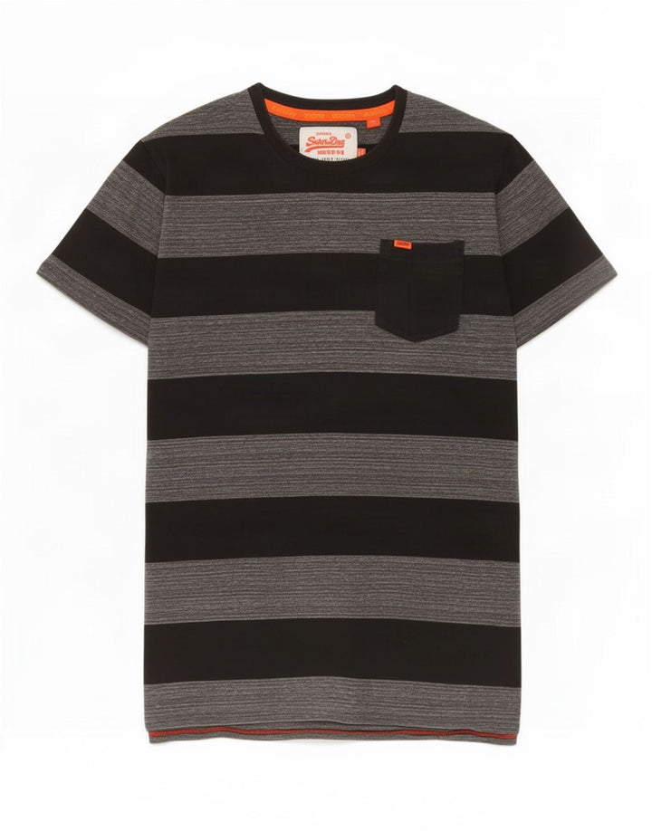 Superdry Mens T-Shirt Top Medium Grey Striped Cotton