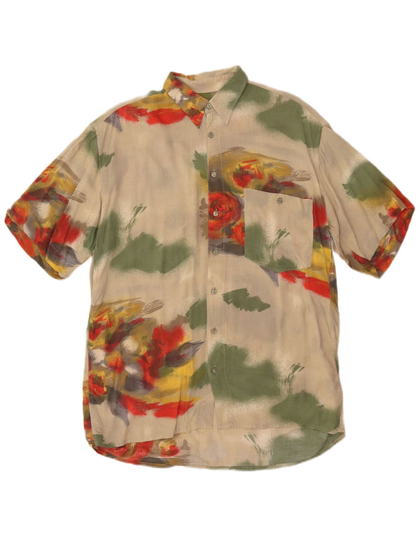 Hatico Mens Short Sleeve Shirt Large Beige Floral Viscose