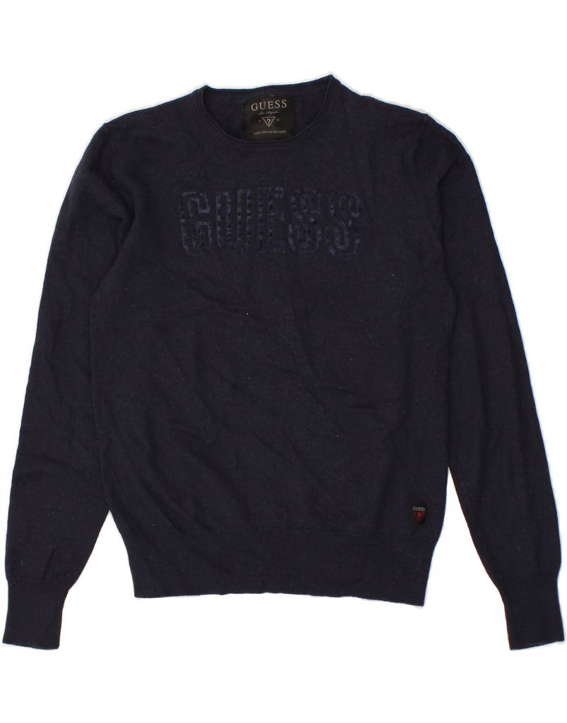 GUESS Boys Graphic Crew Neck Jumper Sweater 10-11 Years Navy Blue Wool | Vintage Guess | Thrift | Second-Hand Guess | Used Clothing | Messina Hembry 