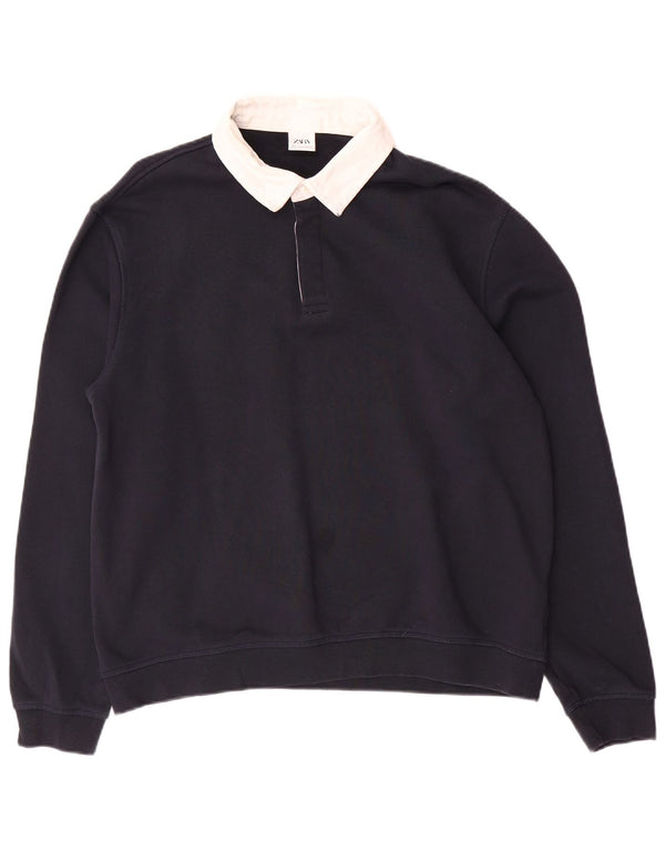 Zara Mens Polo Neck Hoodie Jumper Large Navy Blue Colourblock Cotton