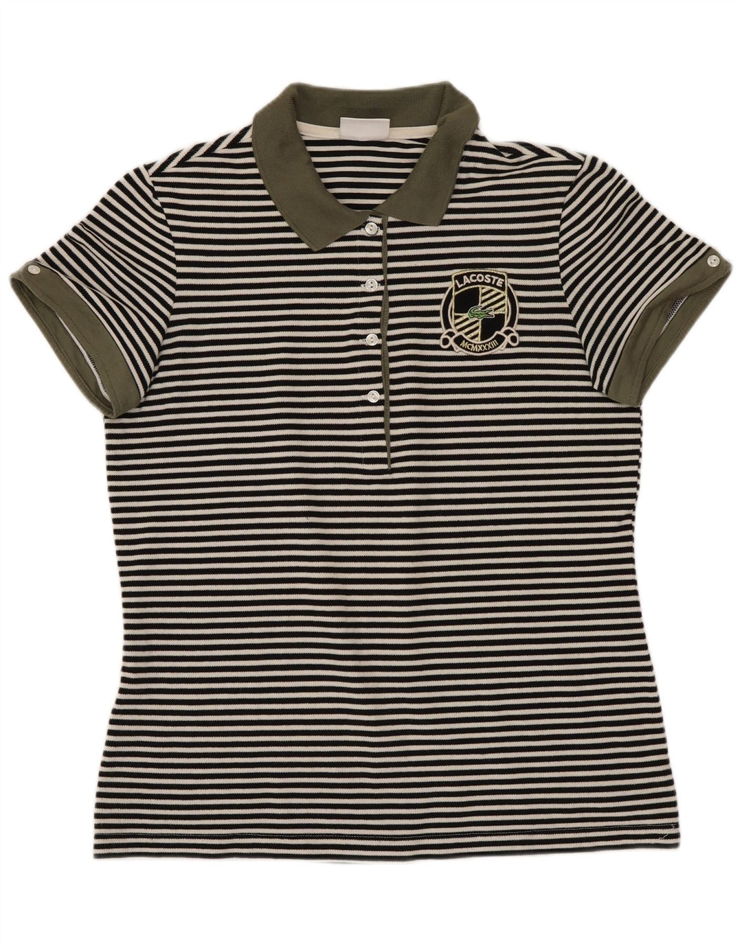 Lacoste Womens Polo Shirt Size 42 Large Black Striped Cotton