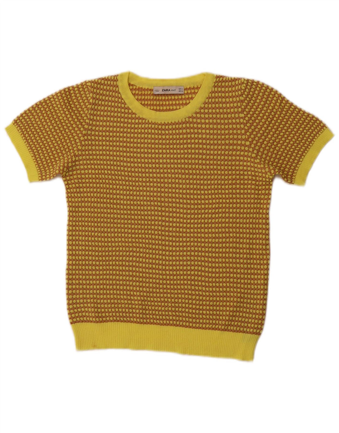 ZARA Womens Crop Crew Neck Jumper Sweater UK 8 Small Yellow Geometric