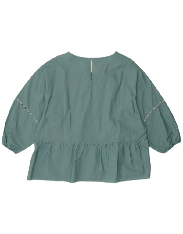 Marks & Spencer Womens Long Sleeve Blouse Top UK 16 Large Green Cotton