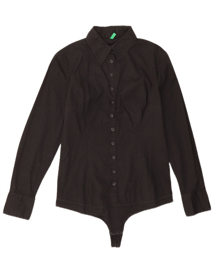 Benetton Womens Long Sleeve Shirt Bodysuit UK 12 Medium Black