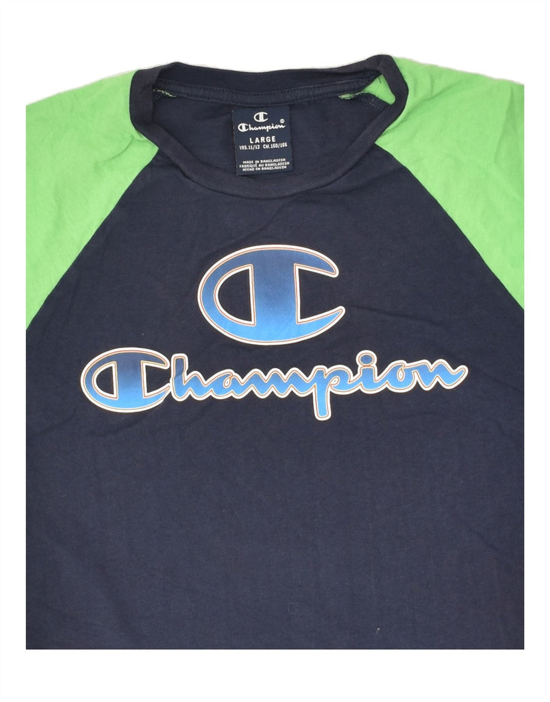 CHAMPION Boys Graphic T-Shirt Top 11-12 Years Large Navy Blue Colourblock | Vintage Champion | Thrift | Second-Hand Champion | Used Clothing | Messina Hembry 