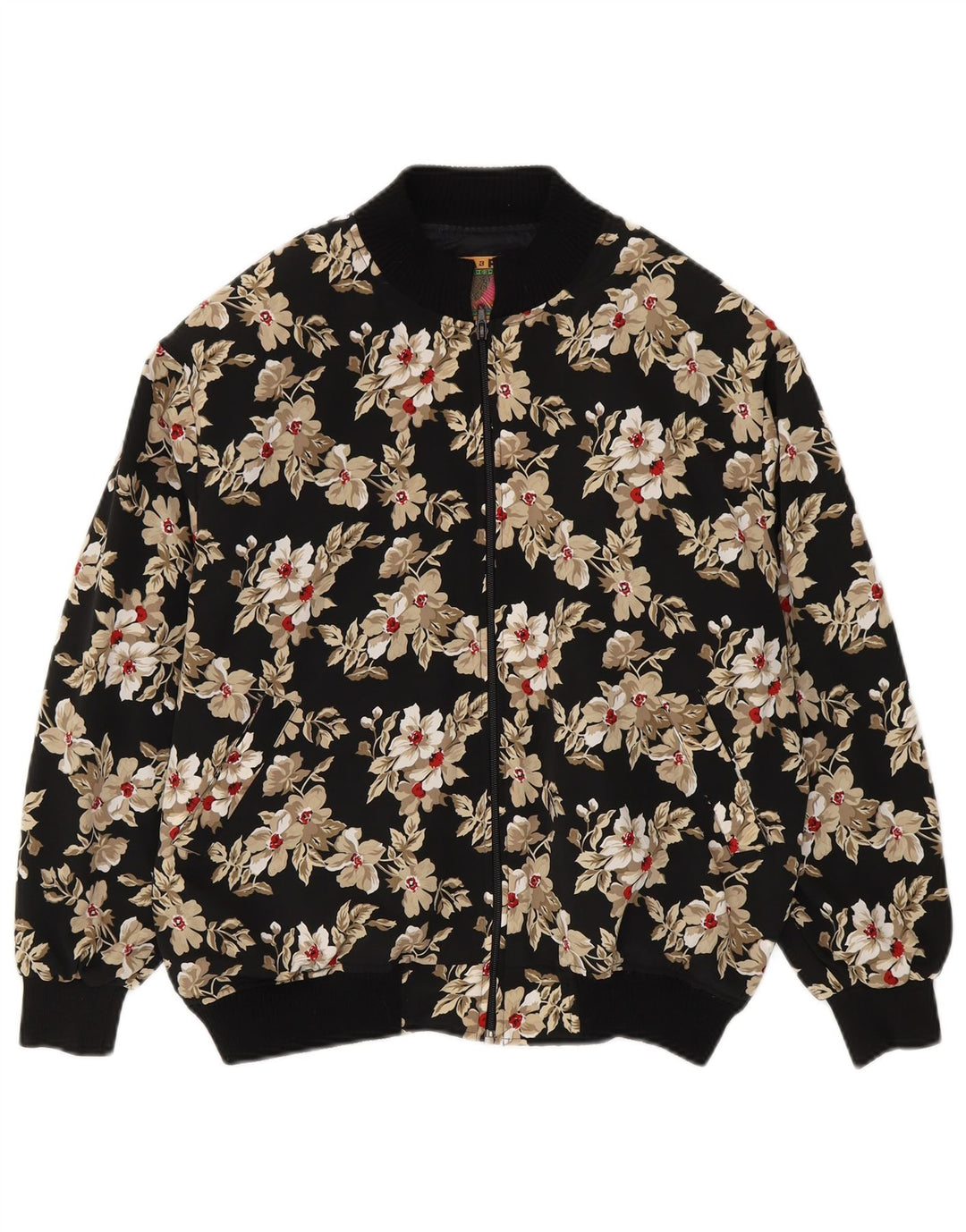 Vintage Womens Loose Fit Bomber Jacket UK 14 Medium Black Floral Polyester