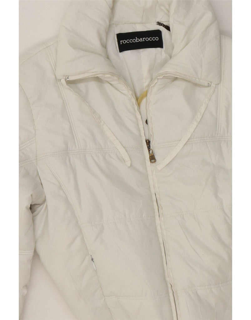 ROCCOBAROCCO Womens Graphic Padded Jacket US 8 Medium White Polyester Vintage Roccobarocco and Second-Hand Roccobarocco from Messina Hembry 