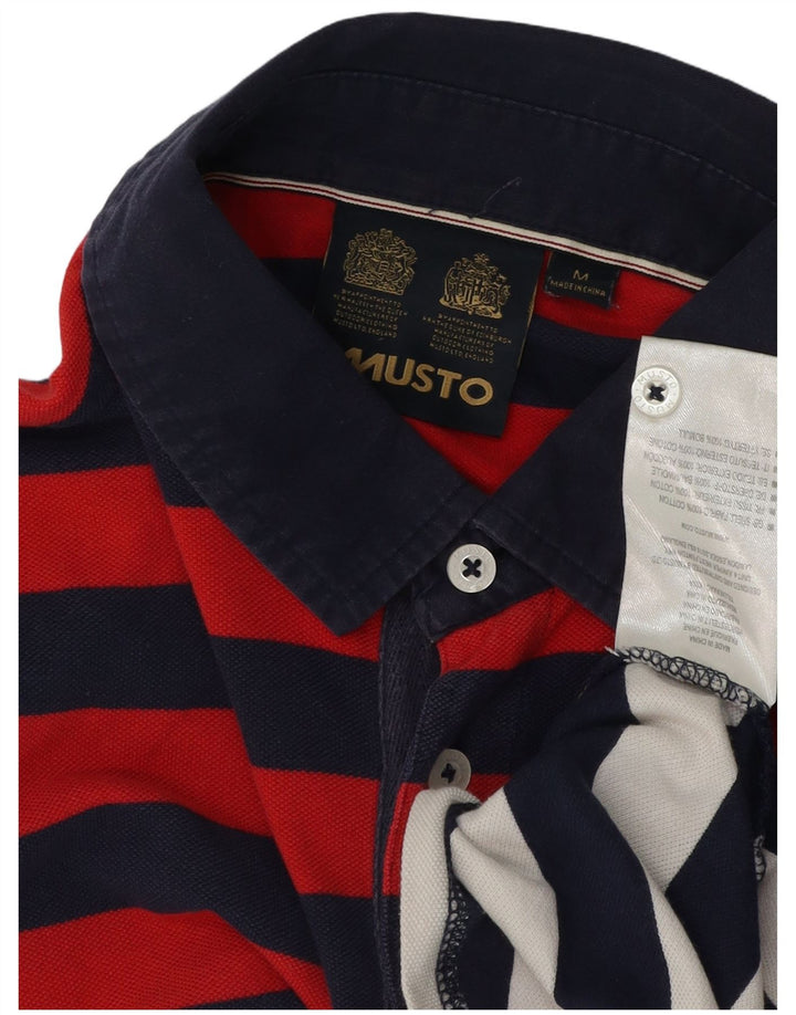 MUSTO Mens Polo Shirt Medium Navy Blue Striped Cotton