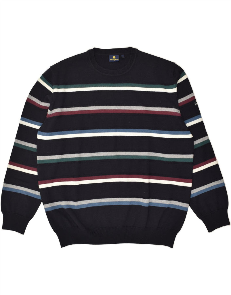 NAVIGARE Mens Crew Neck Jumper Sweater 3XL Black Striped Merino Wool | Vintage Navigare | Thrift | Second-Hand Navigare | Used Clothing | Messina Hembry 