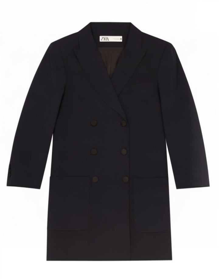 Zara Womens Double Breasted Coat UK 12 Medium Navy Blue Polyester