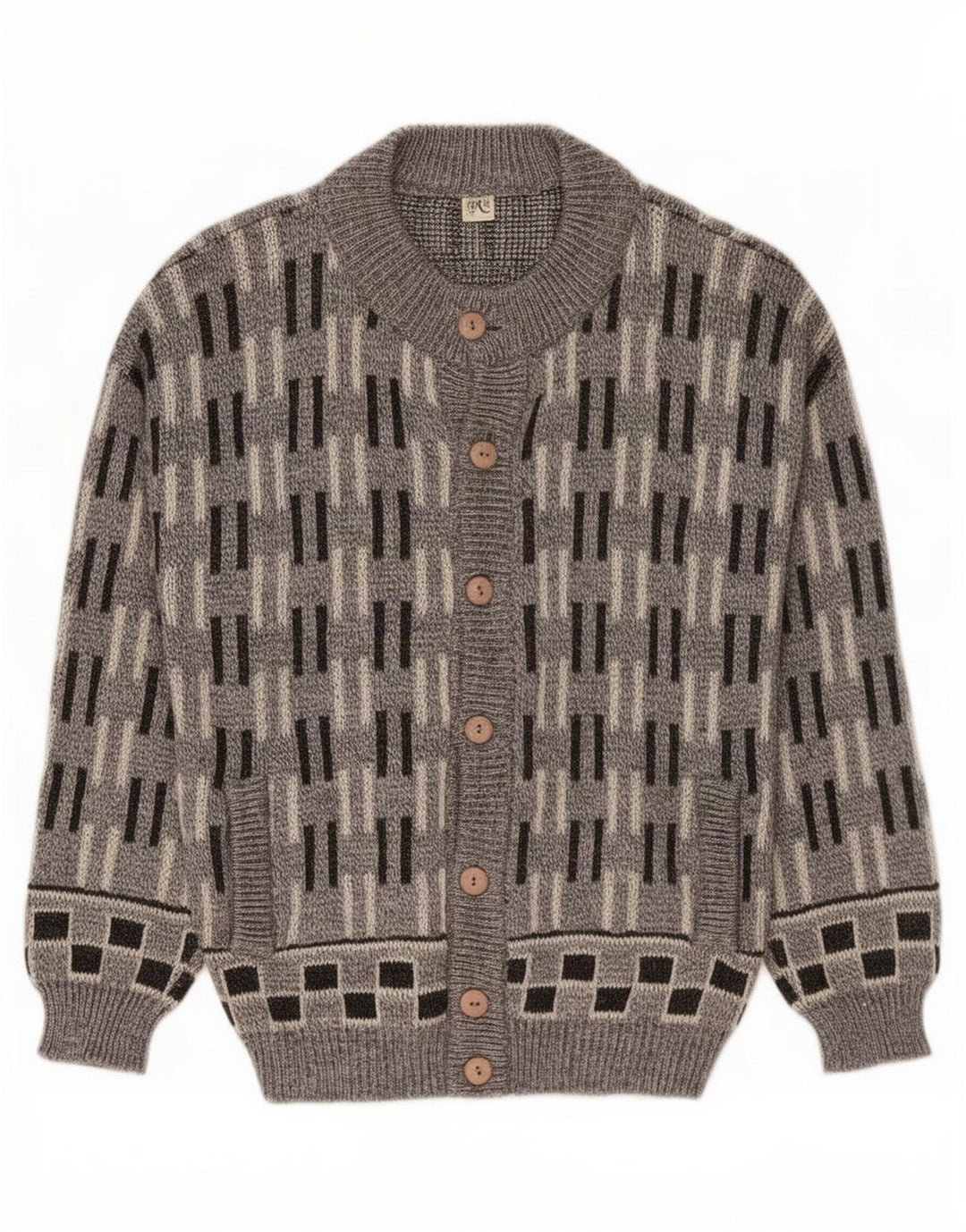 Vintage Mens Cardigan Sweater Large Grey Geometric Wool