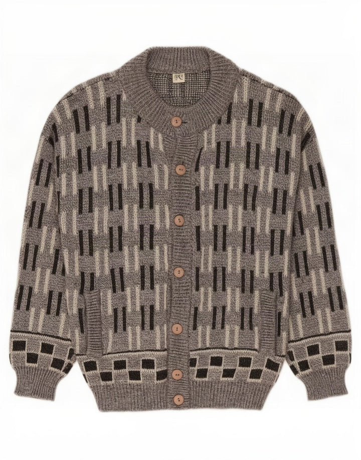 Vintage Mens Cardigan Sweater Large Grey Geometric Wool