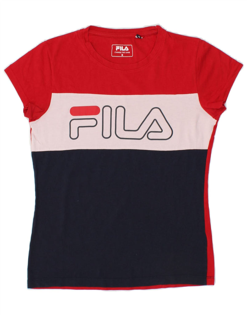 FILA Womens Graphic T-Shirt Top UK 10 Small Red Colourblock Cotton | Vintage Fila | Thrift | Second-Hand Fila | Used Clothing | Messina Hembry 