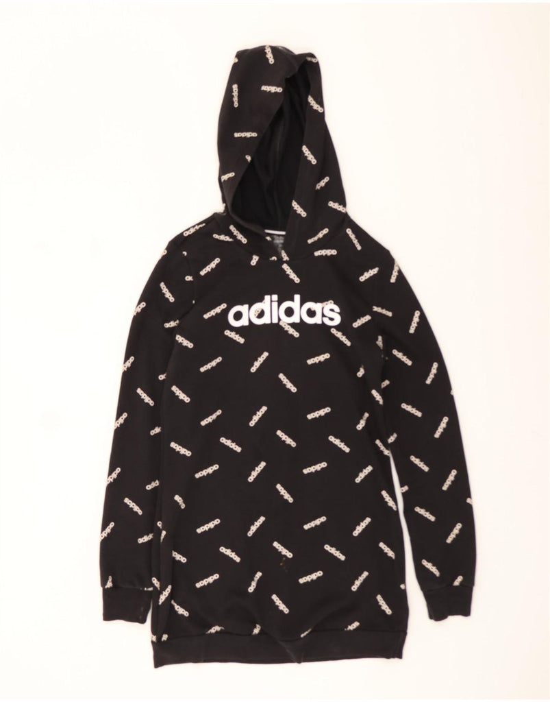 ADIDAS Womens Graphic Longline Hoodie Jumper UK 4/6 XS Black Cotton Vintage Adidas and Second-Hand Adidas from Messina Hembry 