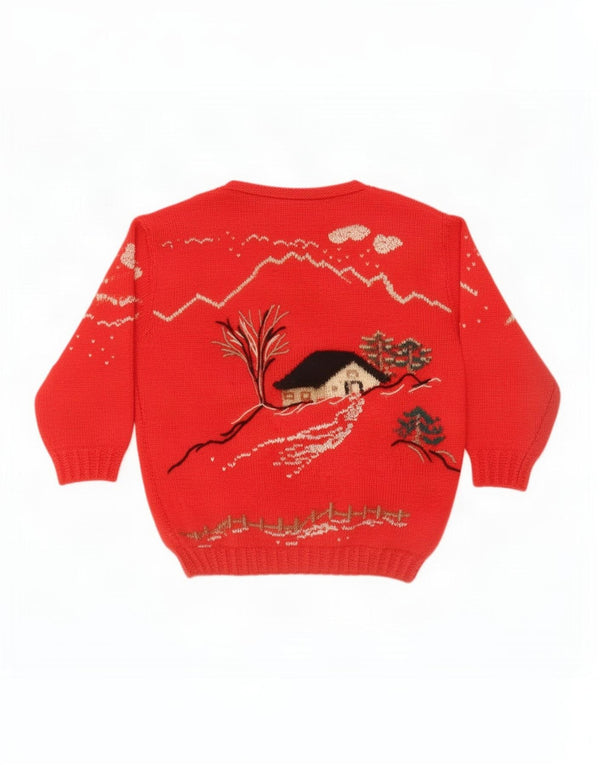 Vintage Womens Graphic Boat Neck Jumper Sweater UK 16 Large Red