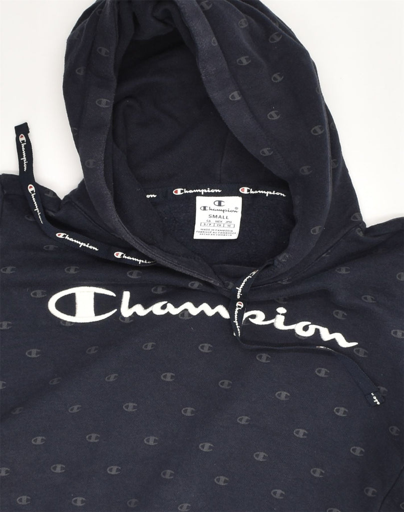 CHAMPION Womens Graphic Hoodie Jumper UK 10 Small  Navy Blue Cotton | Vintage Champion | Thrift | Second-Hand Champion | Used Clothing | Messina Hembry 