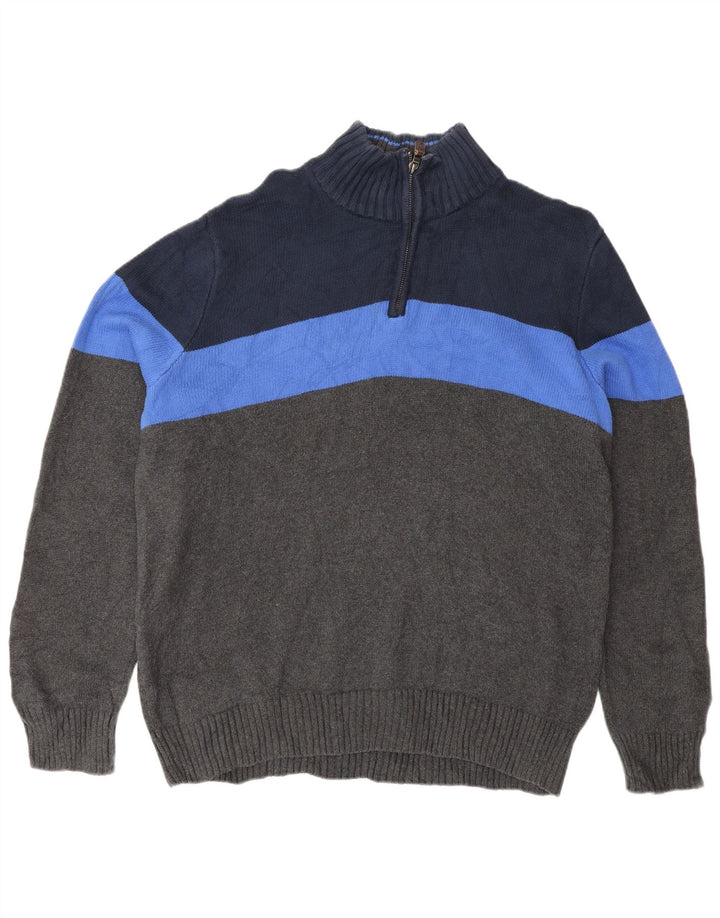 Eddie Bauer Mens Zip Neck Jumper Sweater Large Grey Colourblock Cotton