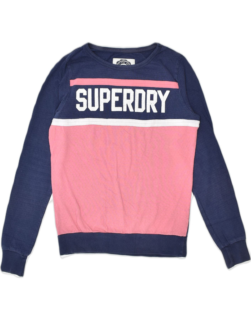 SUPERDRY Womens Graphic Sweatshirt Jumper UK 12 Medium Navy Blue Cotton | Vintage | Thrift | Second-Hand | Used Clothing | Messina Hembry 