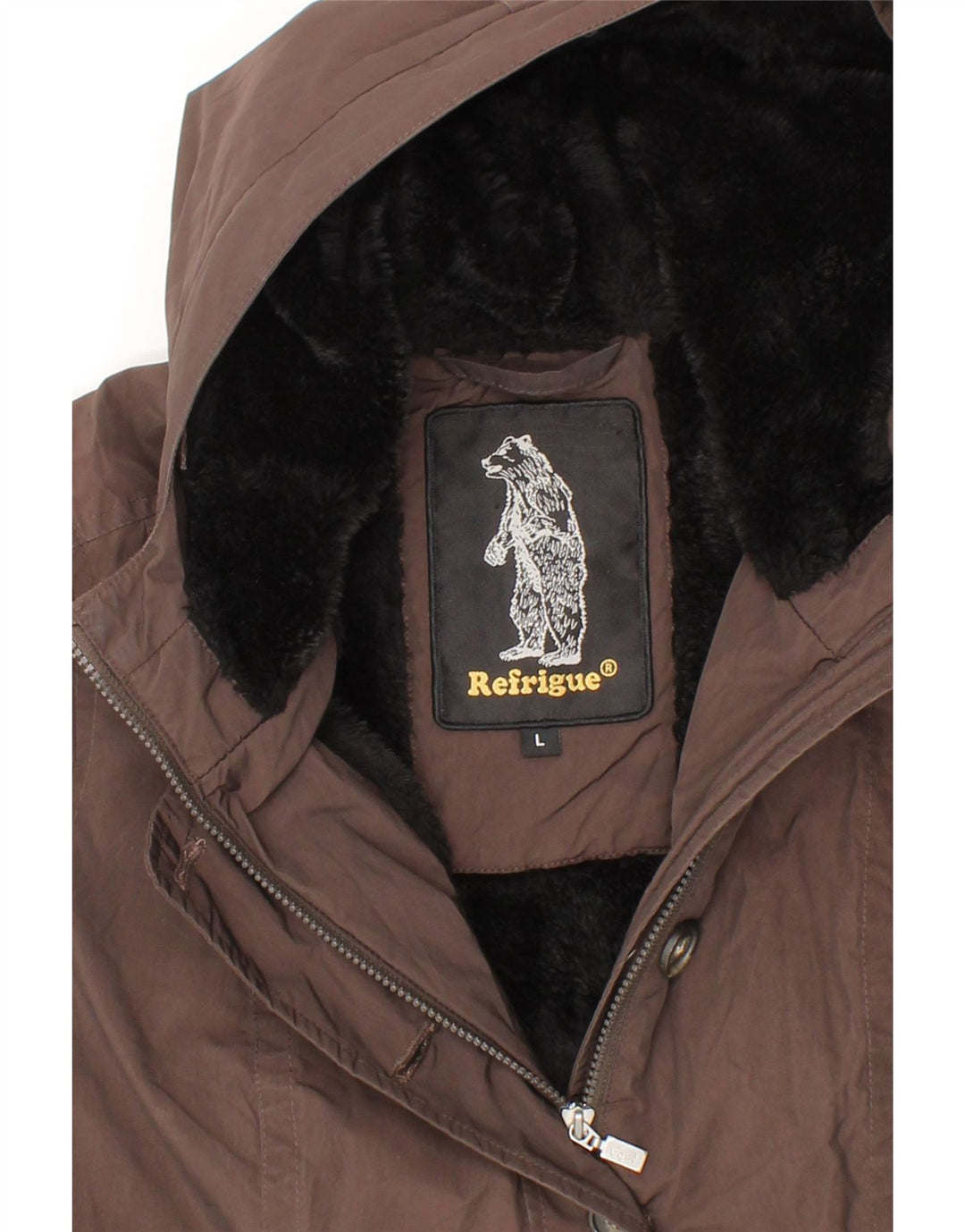 REFRIGUE Womens Hooded Padded Coat UK 16 Large Brown Polyester Vintage Refrigue and Second-Hand Refrigue from Messina Hembry 