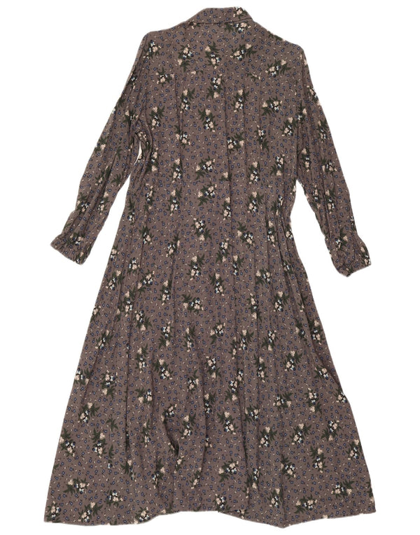 Vintage Womens Long Sleeve Shirt Dress UK 14 Medium Grey Floral