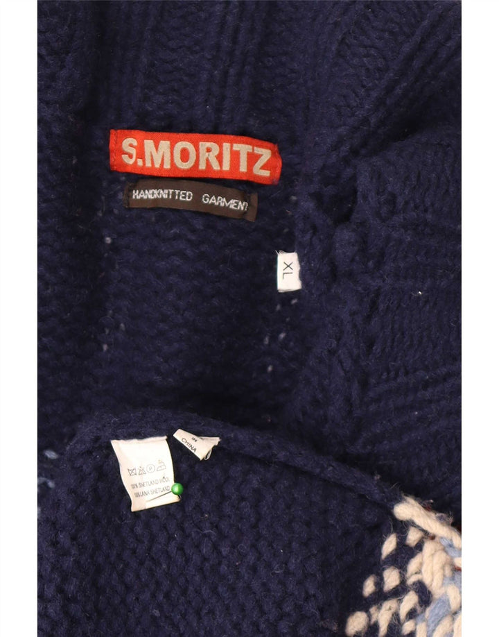 S. Moritz Mens Cardigan Sweater XL Blue Fair Isle Wool