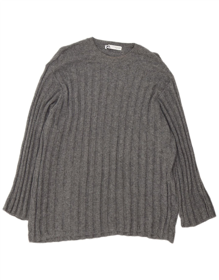 Zara Womens Longline Oversized Crew Neck Jumper Sweater UK 16 Large Grey