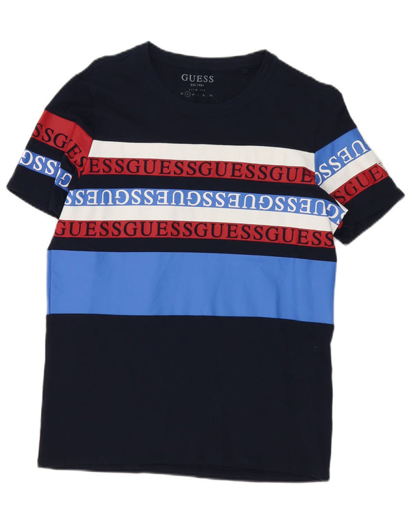 Guess Mens Slim Fit Graphic T-Shirt Top Small Navy Blue Colourblock Cotton