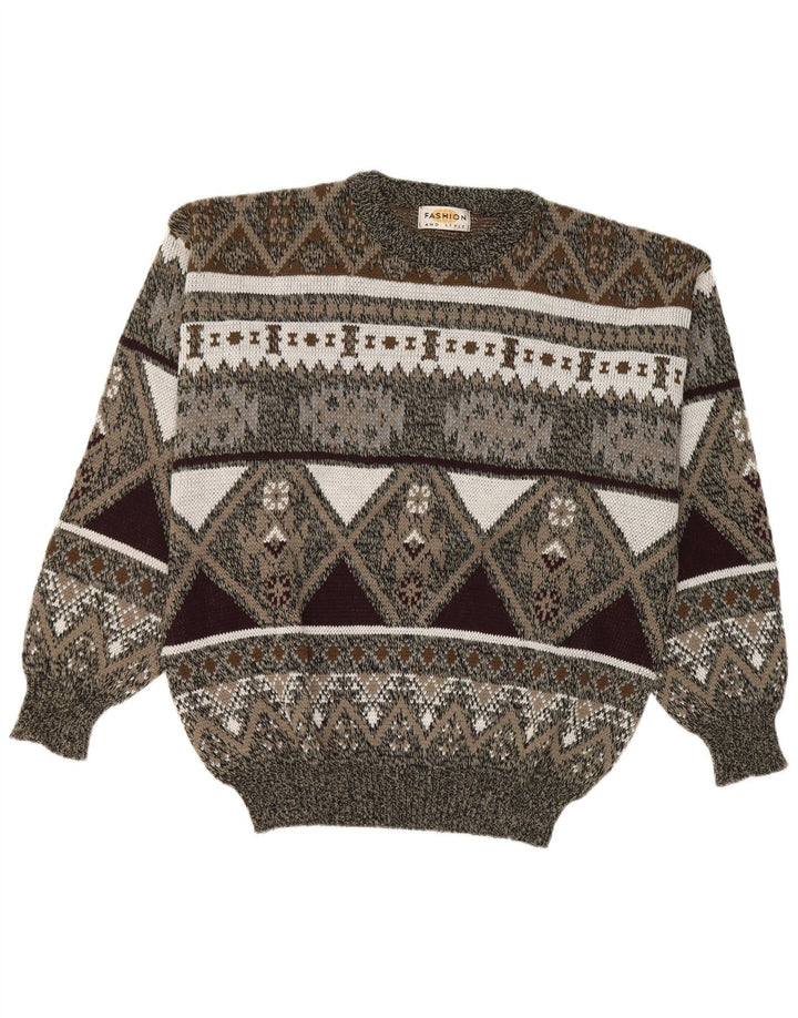 Vintage Mens Crew Neck Jumper Sweater IT 42/44 Large Grey Geometric