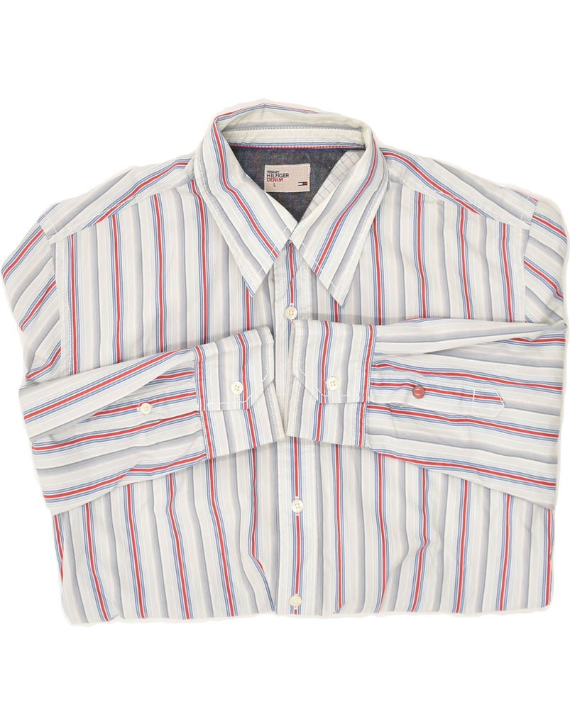 TOMMY HILFIGER Mens Shirt Large Grey Striped Cotton | Vintage Tommy Hilfiger | Thrift | Second-Hand Tommy Hilfiger | Used Clothing | Messina Hembry 