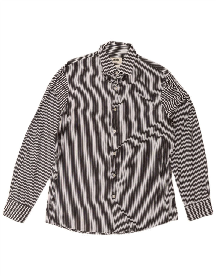 JAEGER Mens Tailored Fit Shirt Large Navy Blue Pinstripe Cotton