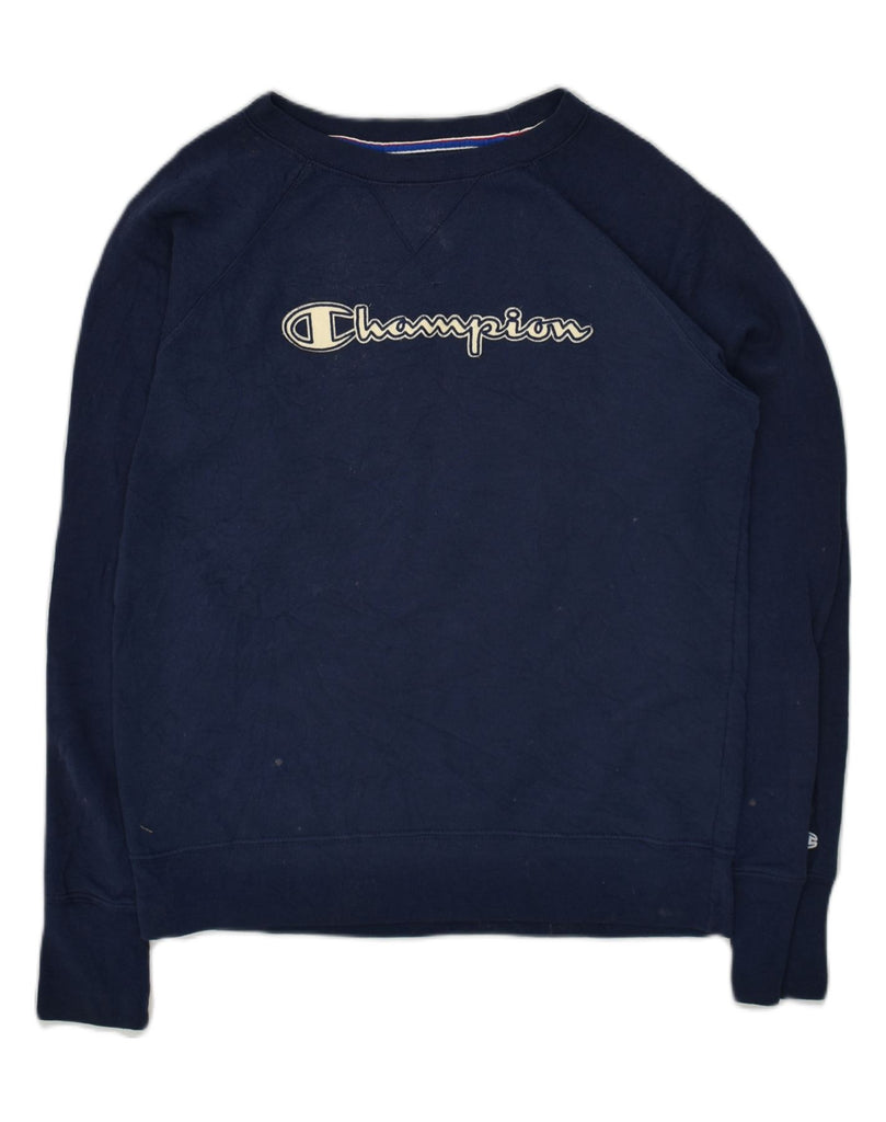 CHAMPION Womens Graphic Sweatshirt Jumper UK 8 Small Navy Blue Polyester | Vintage Champion | Thrift | Second-Hand Champion | Used Clothing | Messina Hembry 