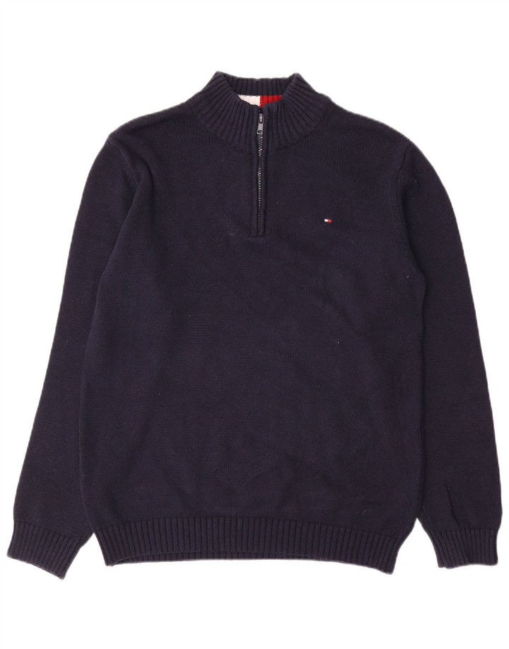 TOMMY HILFIGER Boys Zip Neck Jumper Sweater 14-15 Years Navy Blue Cotton