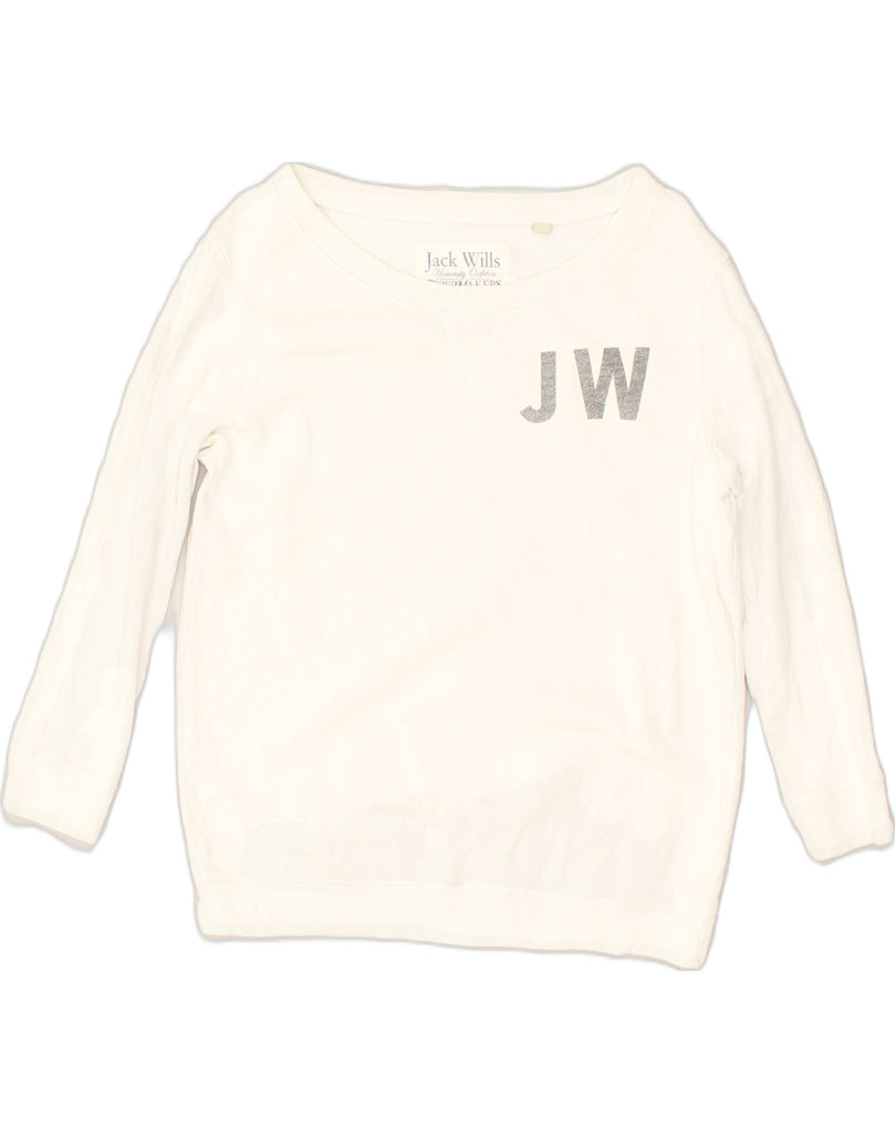 JACK WILLS Womens Graphic Sweatshirt Jumper UK 10 Small White Cotton | Vintage Jack Wills | Thrift | Second-Hand Jack Wills | Used Clothing | Messina Hembry 